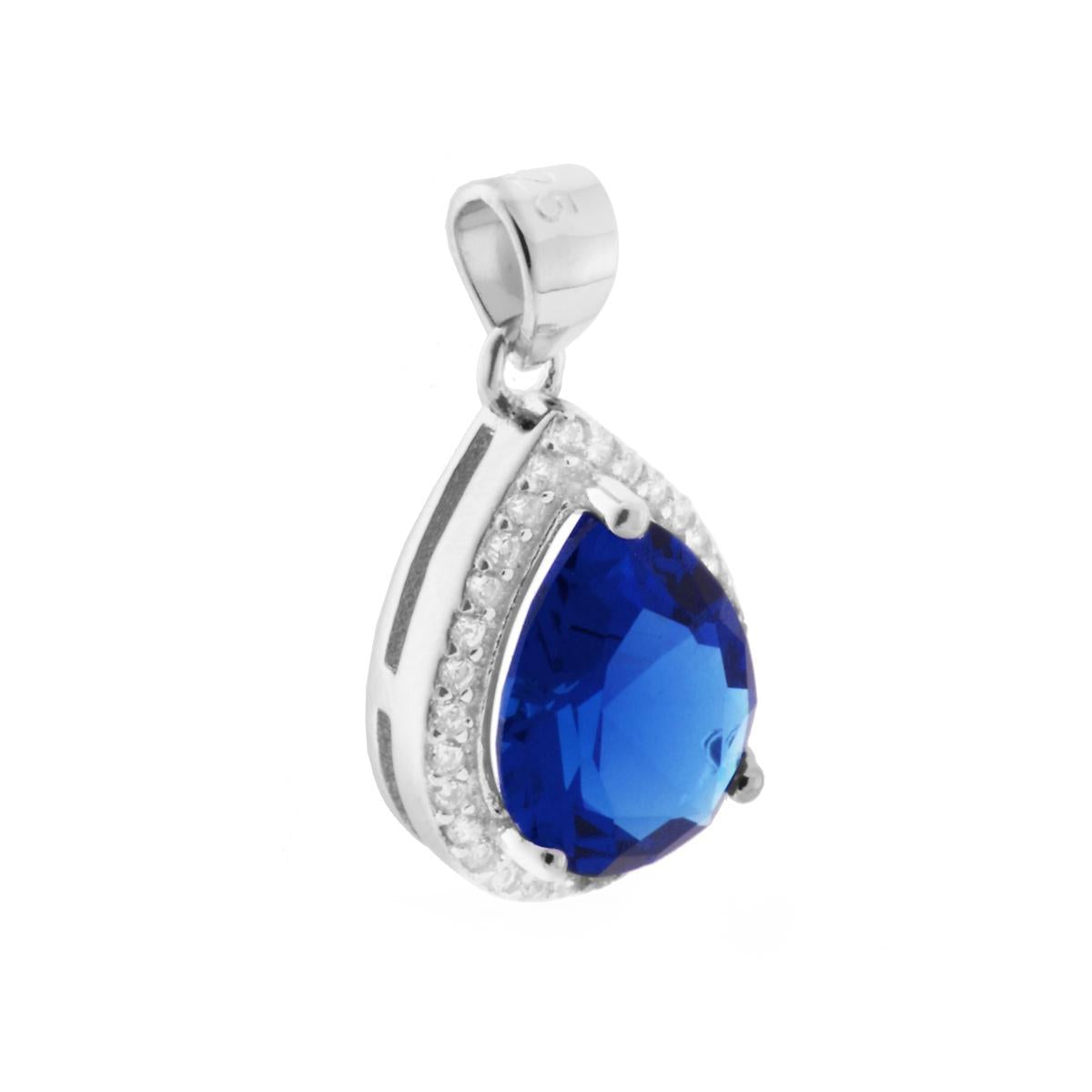 Ciondolo a Goccia con Zircone Blu Zaffiro contornato con Zirconi Bianchi in ARGENTO 925 Galvanica Rodio