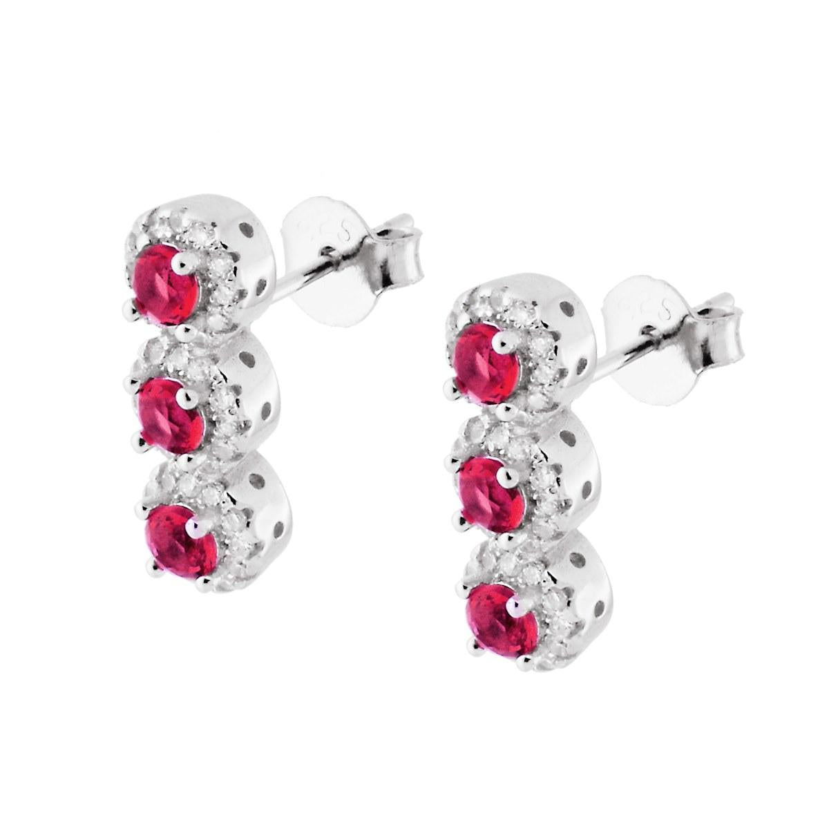 Orecchini Trilogy con Zirconi Rosso Rubino e Bianco in ARGENTO 925 Galvanica Rodio