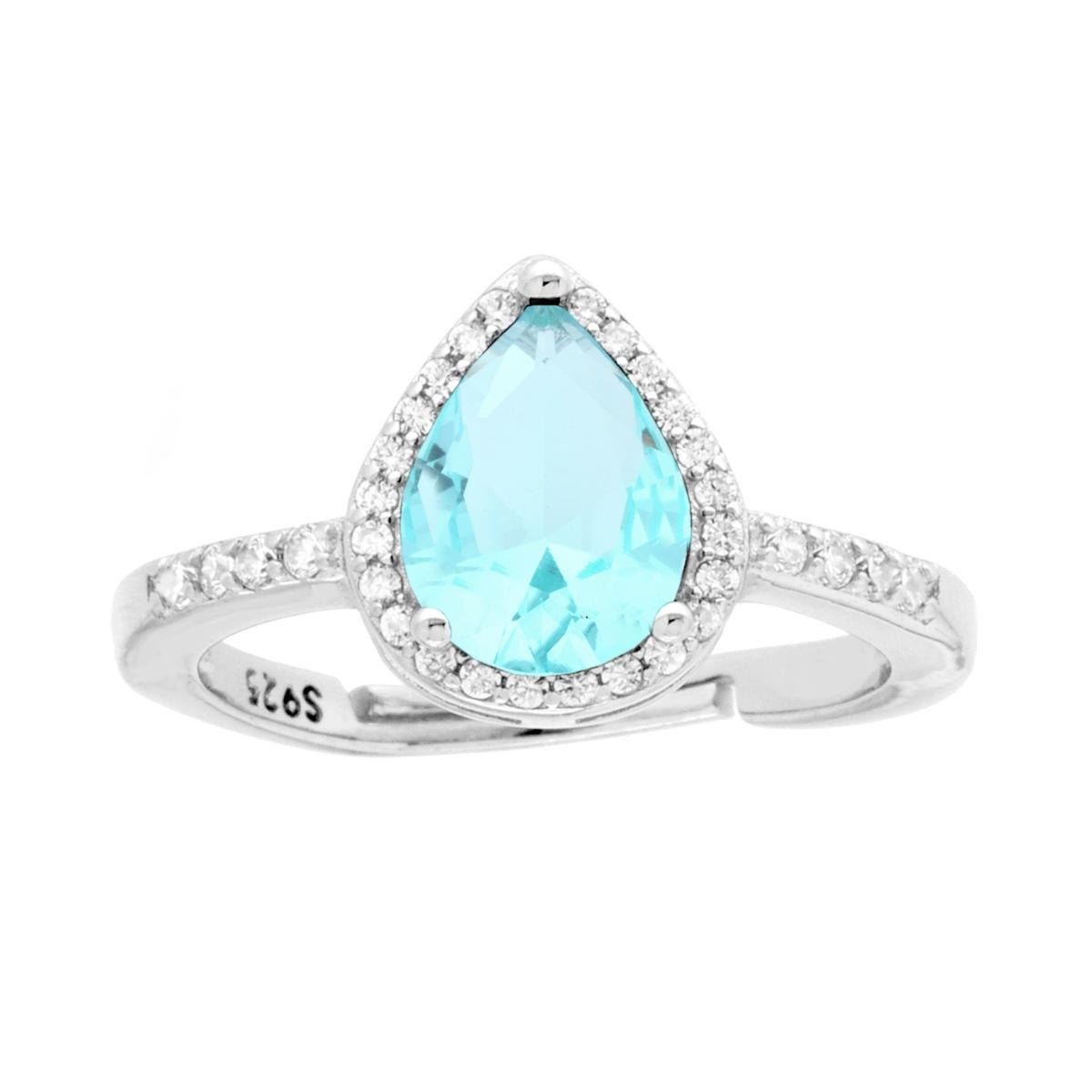 Anello Halo Solitario con Zircone a Goccia Acquamarina contornato con Zirconi Bianchi in ARGENTO 925 Galvanica Rodio