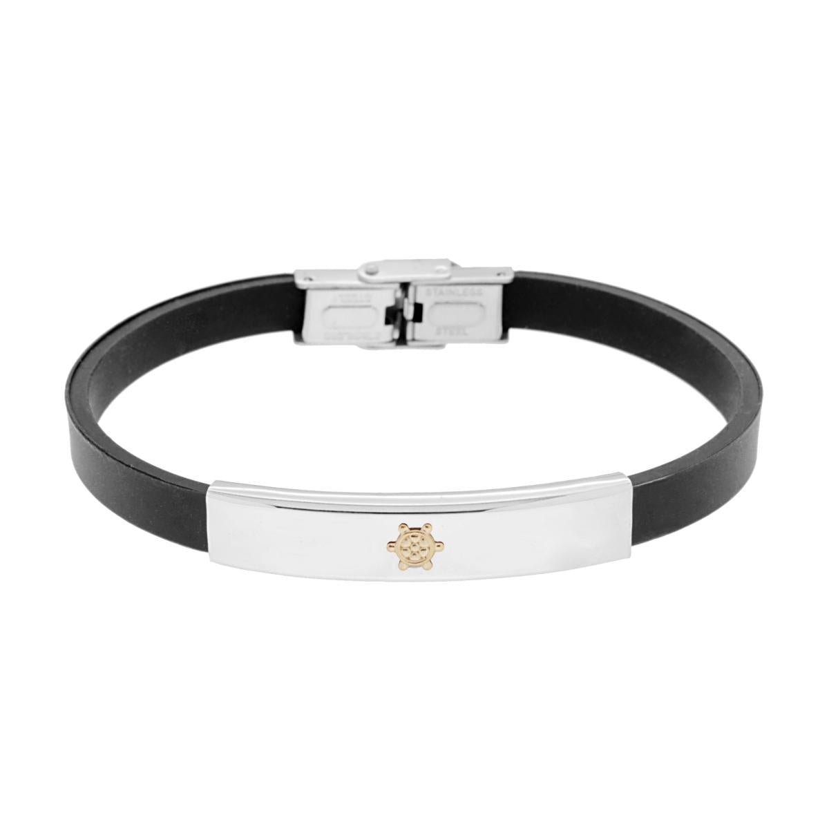 Bracciale in Caucciu PVC nero e Targa con Timone colore Oro in ACCIAIO