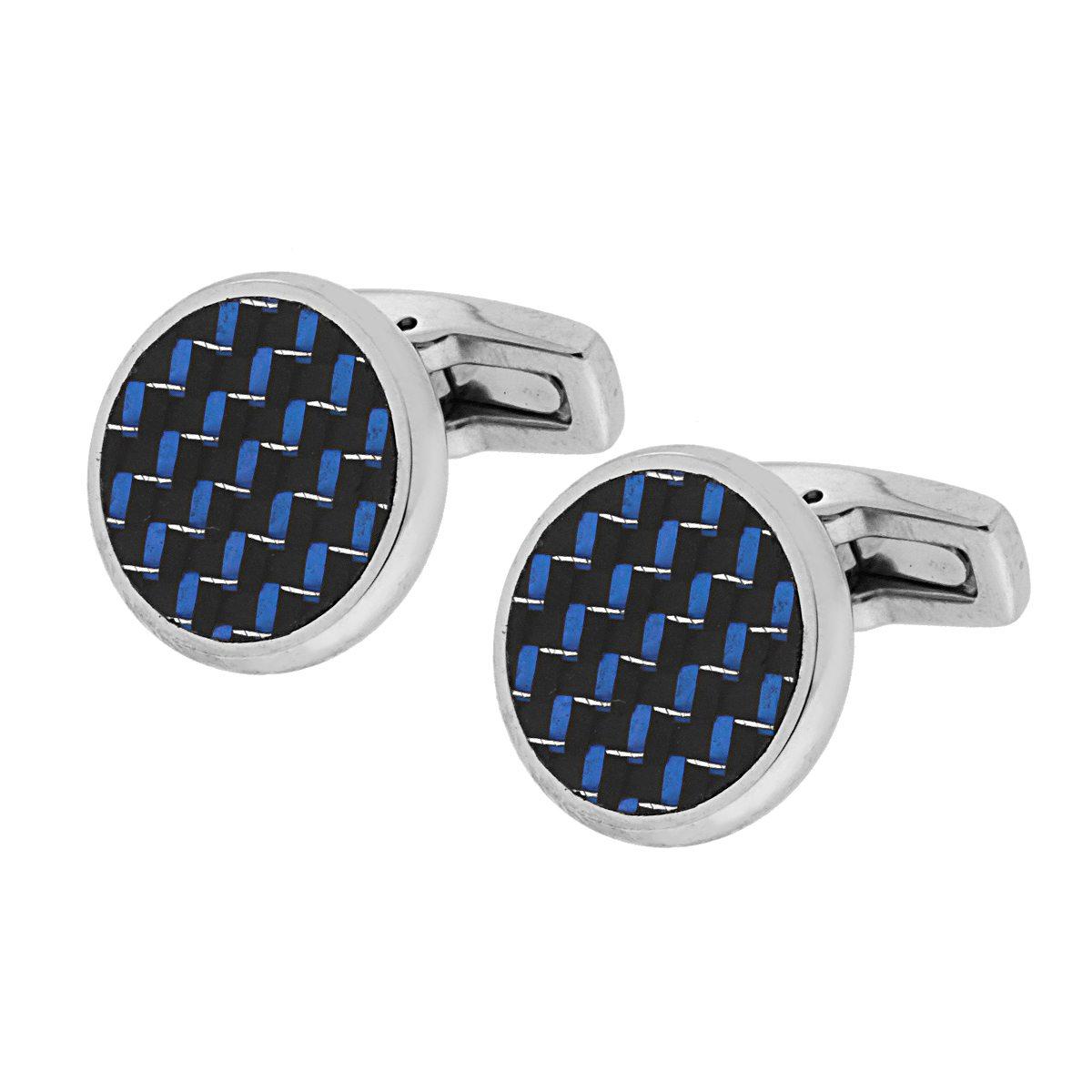 Accessori Gemelli Uomo forma Tonda mm 18 con applicazione Trama geometrica cangiante Blu in ACCIAIO