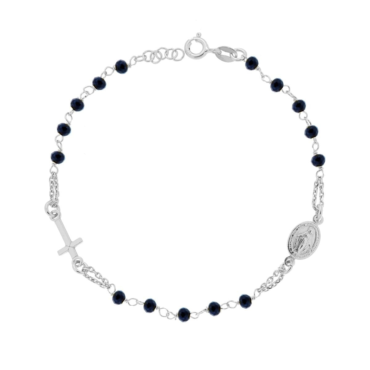 Bracciale Rosario cm 18+2 con Grani in Crystal colore Blu mm 3.5 con Croce e Medaglia Madonna in ARGENTO 925 Galvanica Rodio