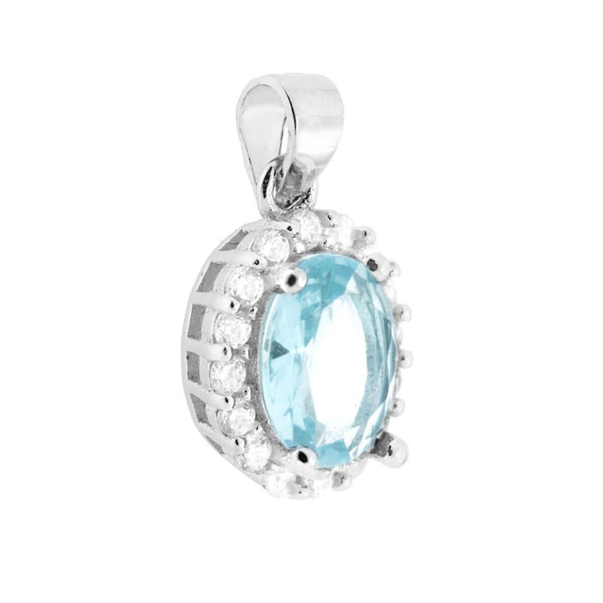 Ciondolo con Zircone Ovale Acquamarina contornato con Zirconi Bianchi in ARGENTO 925 Galvanica Rodio