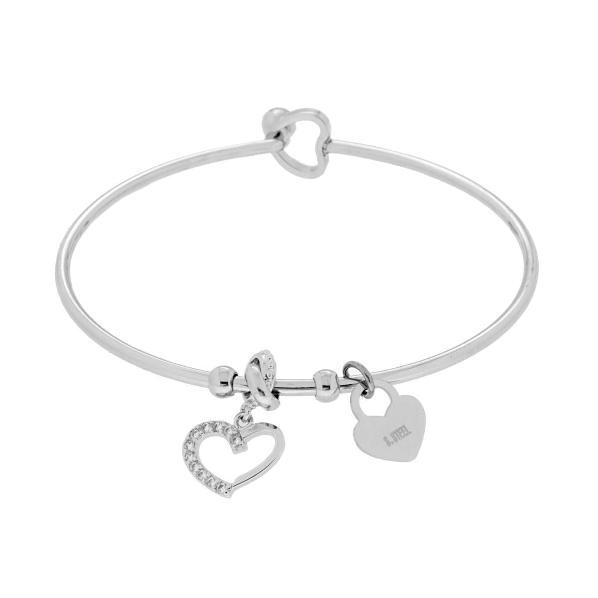 Bracciale Rigido Portafortuna con Charms Pendenti Cuore con Zirconi Bianchi e Cuore plain in ACCIAIO