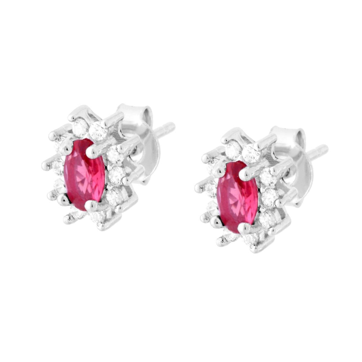 Orecchini con Zircone Ovale Rosso Rubino contornato con Zirconi Bianchi in ARGENTO 925 Galvanica Rodio