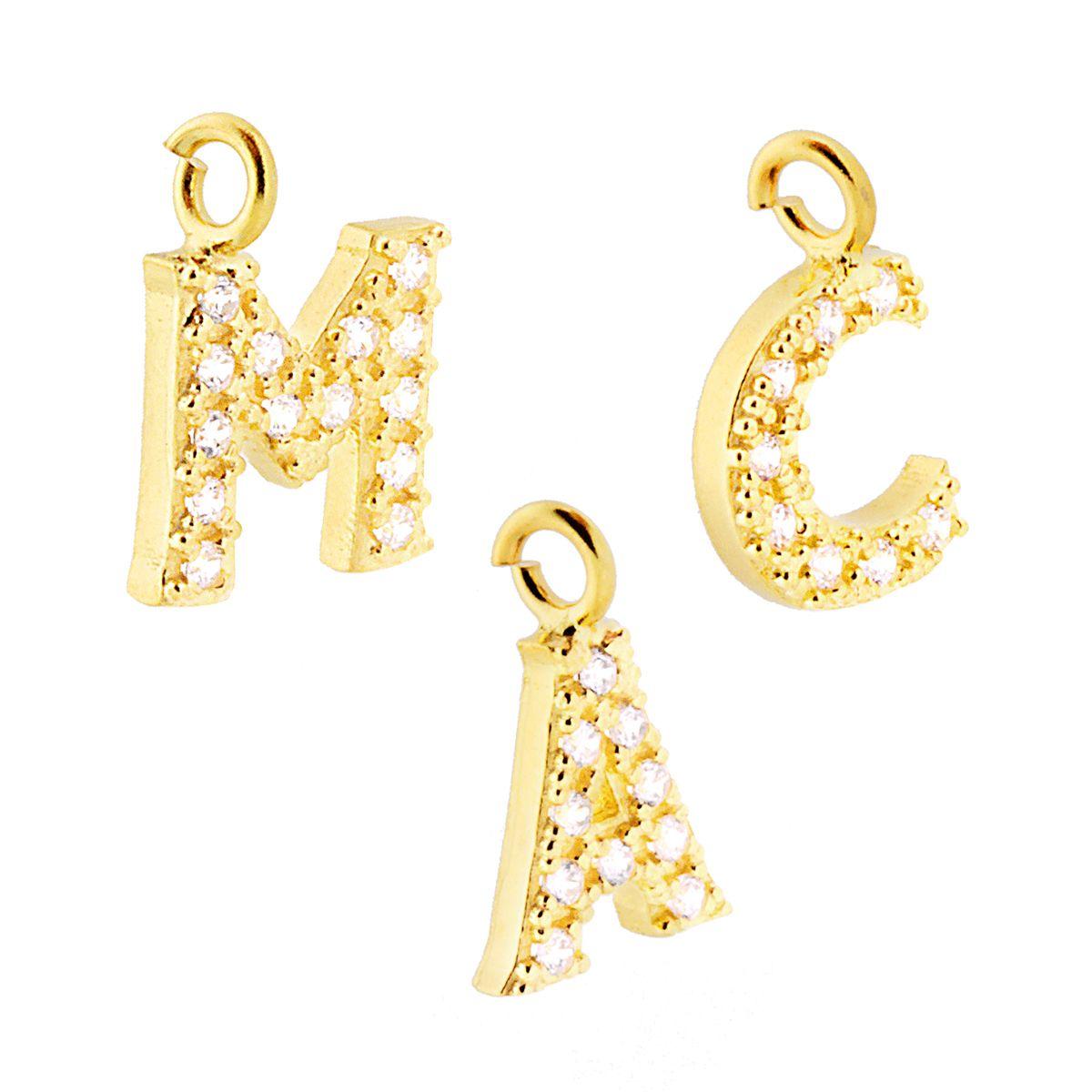 Ciondolo Lettera nome Iniziale 13 mm con Zirconi Bianchi in ARGENTO 925 Galvanica Oro