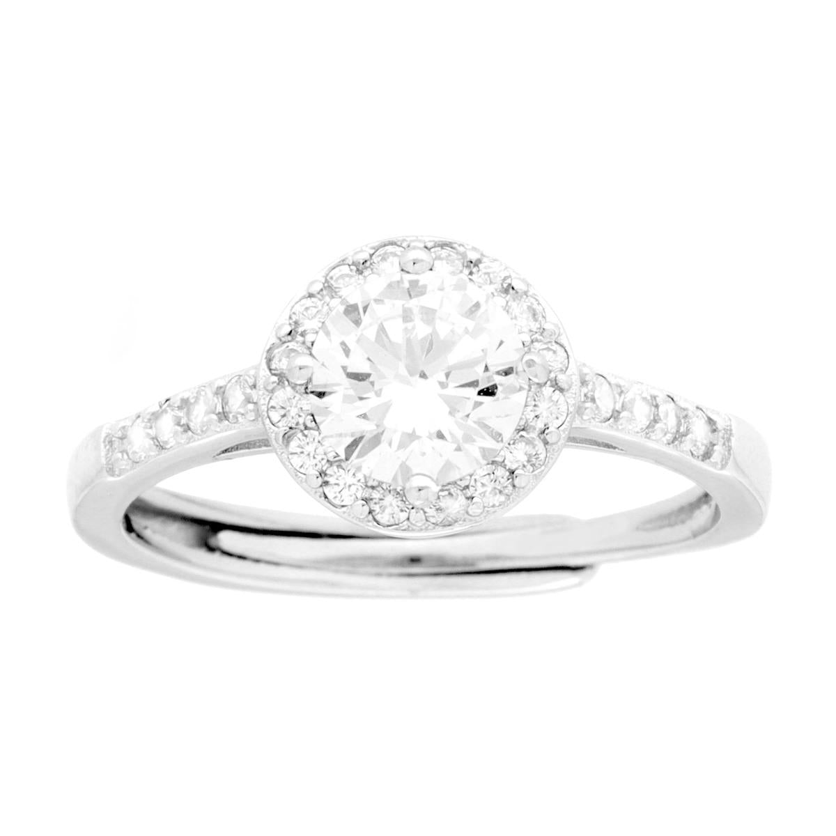 Anello Halo Solitario con Zircone Tondo Bianco Contornato con Zirconi Bianchi in ARGENTO 925 Galvanica Rodio