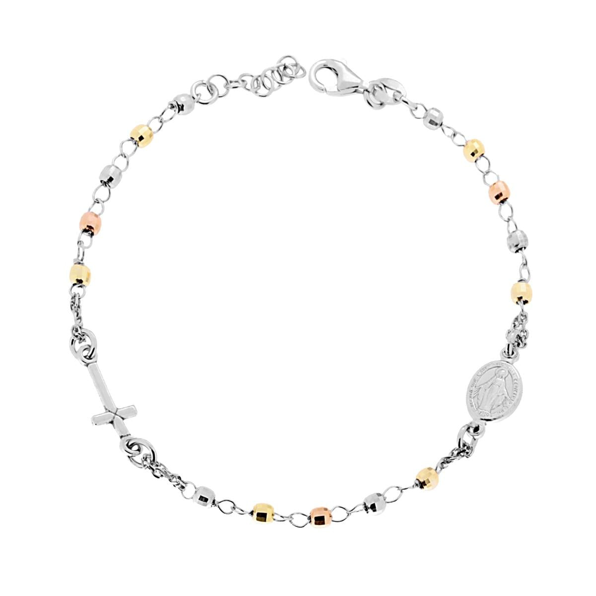 Bracciale Rosario cm 20 con Grani Sfaccettati mm 3 con Croce e Medaglia Madonna in ARGENTO 925 Galvanica Rodio Oro e Rosata