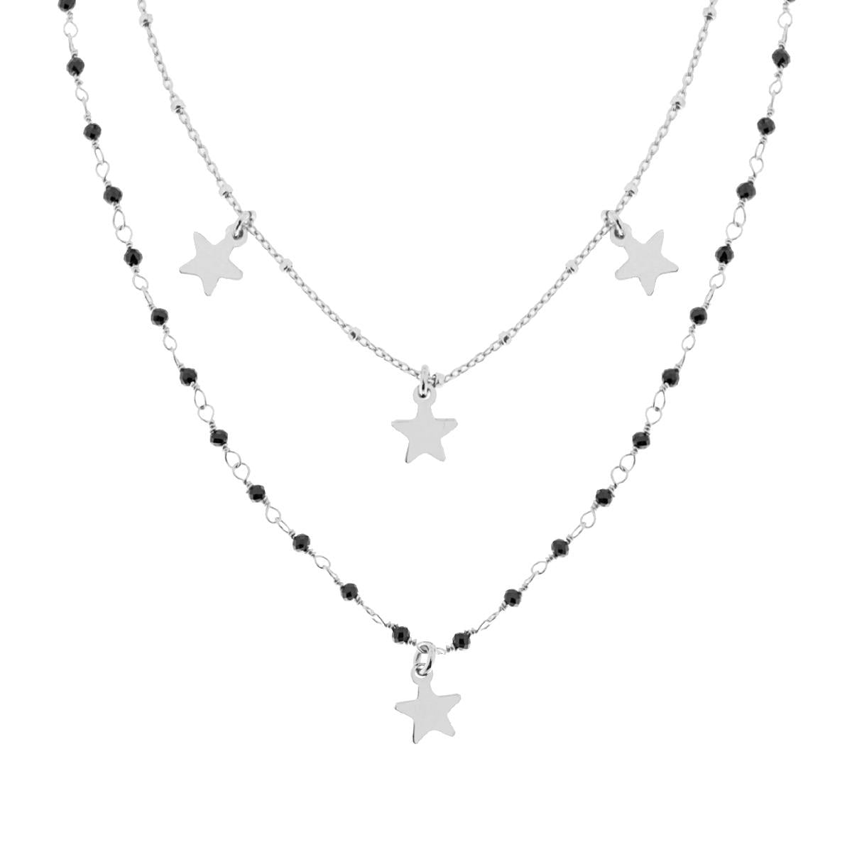 Collana due fili Catena Forzatina Diamantata con Crystal Neri e Stelle plain pendenti in ARGENTO 925 Galvanica Rodio