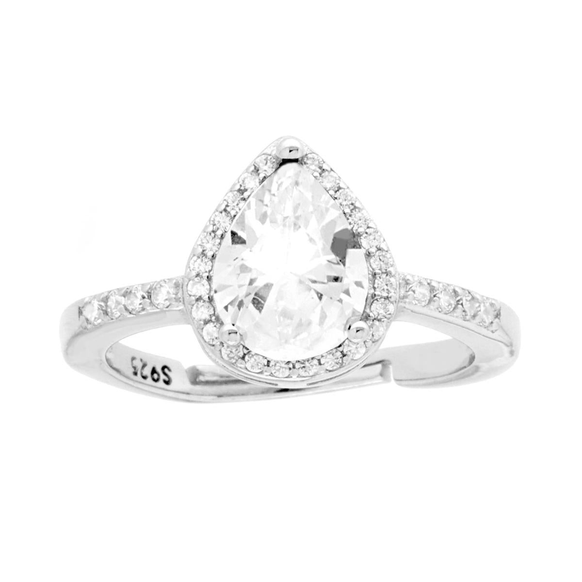 Anello Halo Solitario con Zircone a Goccia Bianco contornato da Zirconi Bianchi in ARGENTO 925 Galvanica Rodio