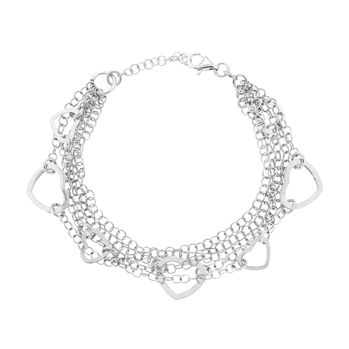 Bracciale Multifilo Catena Rolo con Cuori plain in ARGENTO 925 Galvanica Rodio
