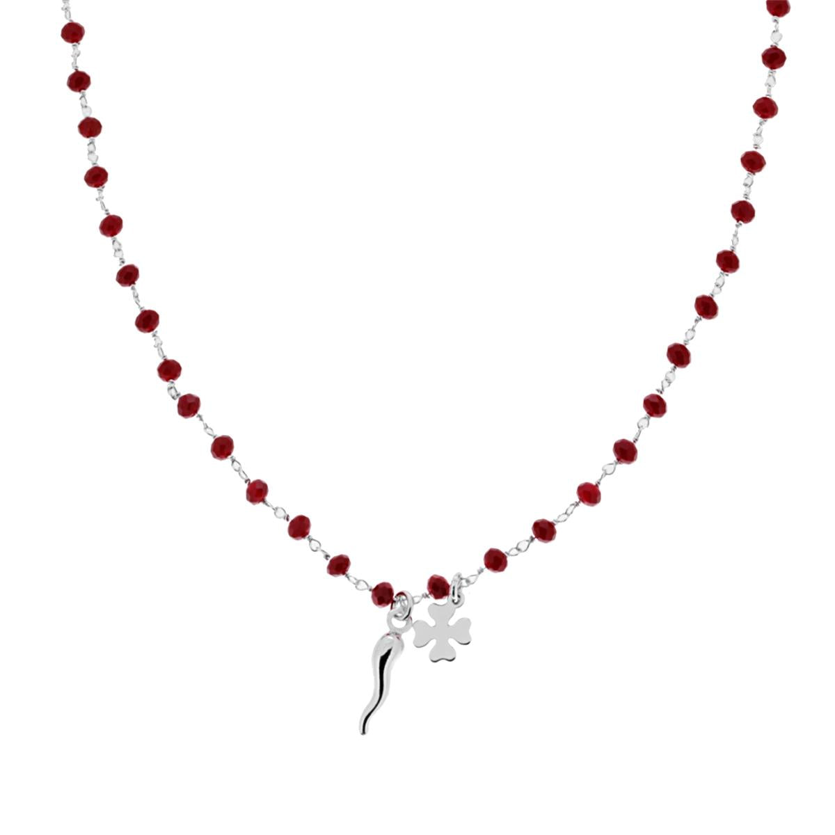Collana con Catena Crystal Rosso con Corno e Quadrifoglio Portafortuna plain pendenti in ARGENTO 925 Galvanica Rodio