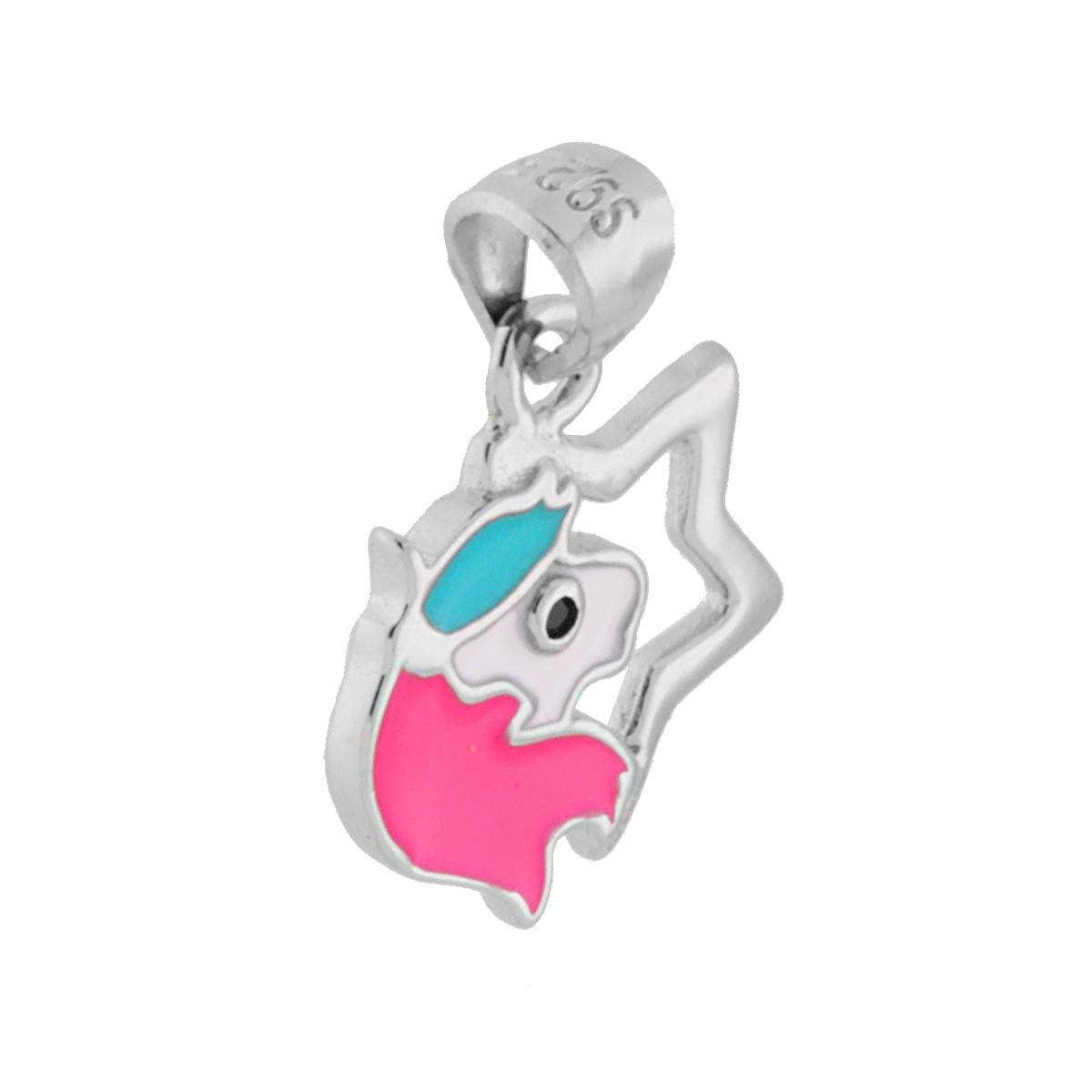 Ciondolo Stella e Unicorno con Smalto Bianco e Rosa in ARGENTO 925 Galvanica Rodio