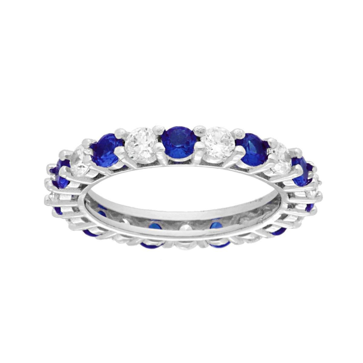 Anello Eternity Veretta a giro con Cubic Zirconia alternati Bianchi e Blu Zaffiro in ARGENTO 925 Galvanica Rodio