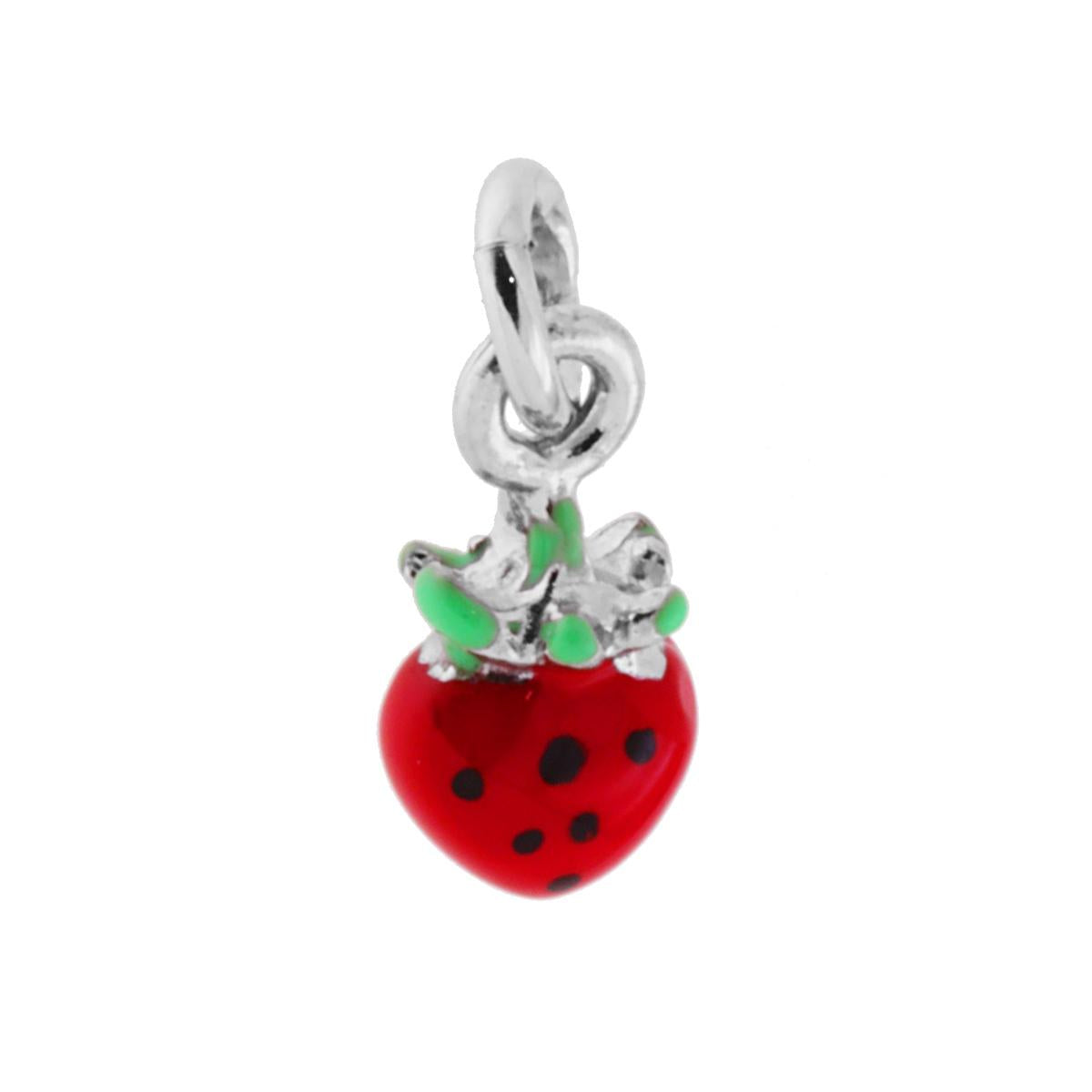 Ciondolo Fragola Smalto Rosso in ARGENTO 925 Galvanica Rodio