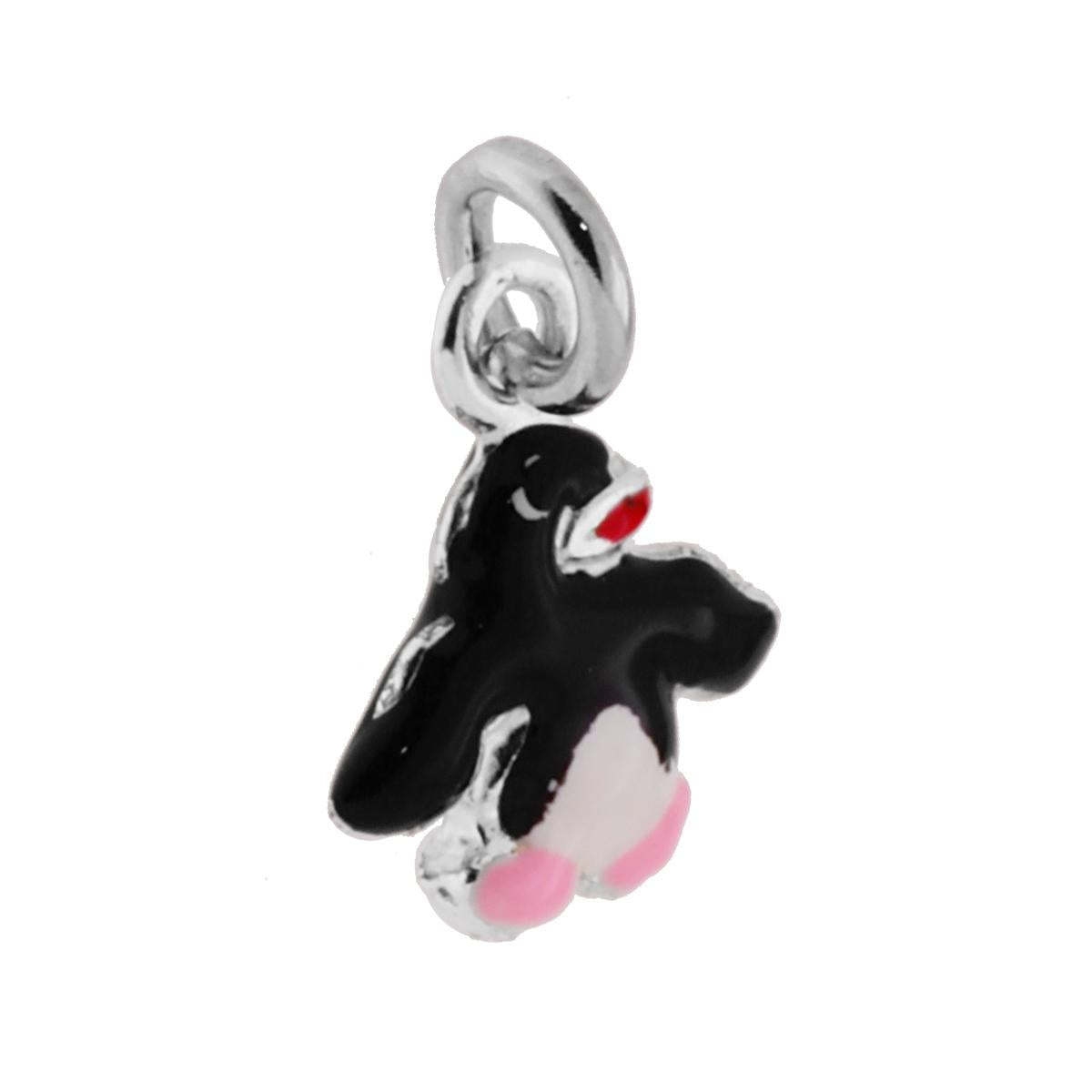 Ciondolo Pinguino Smalto Nero in ARGENTO 925 Galvanica Rodio