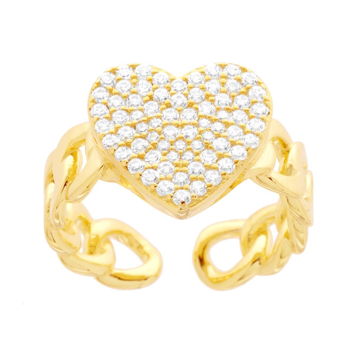 Anello Cuore con Cubic Zirconia Bianchi con Catena Grumetta in ARGENTO 925 Galvanica Oro