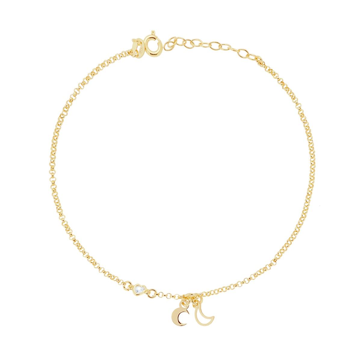 Cavigliera Catena Rolo Diamantata con Lune e Zircone a Cuore Bianco in ARGENTO 925 Galvanica Oro