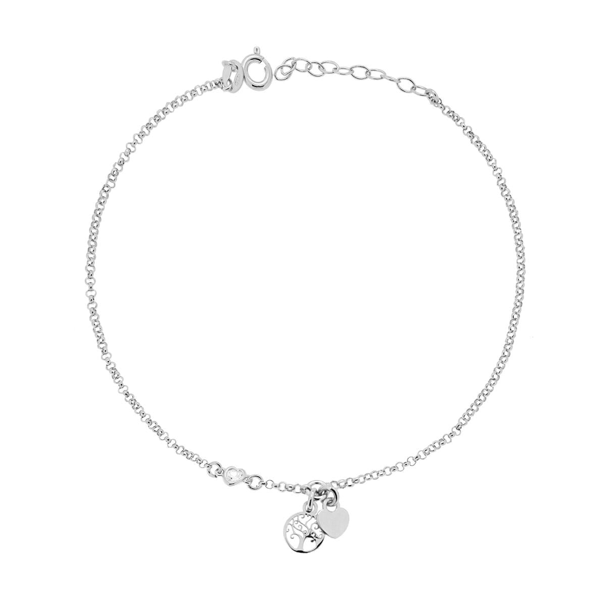 Cavigliera Catena Rolo Diamantata con Albero della Vita Cuore e Zircone a Cuore Bianco in ARGENTO 925 Galvanica Rodio