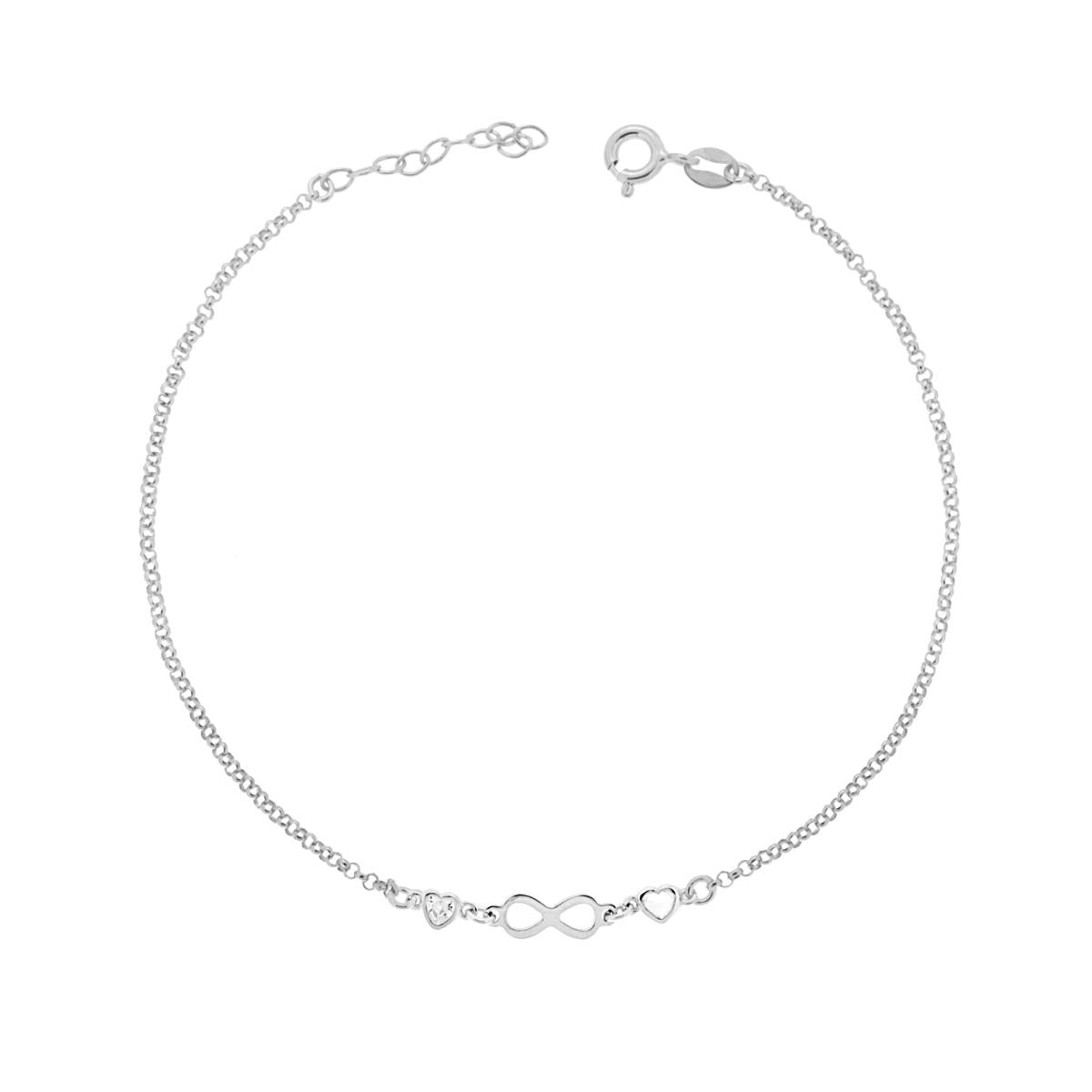 Cavigliera Catena Rolo Diamantata con Infinito e Zirconi a Cuore Bianco in ARGENTO 925 Galvanica Rodio
