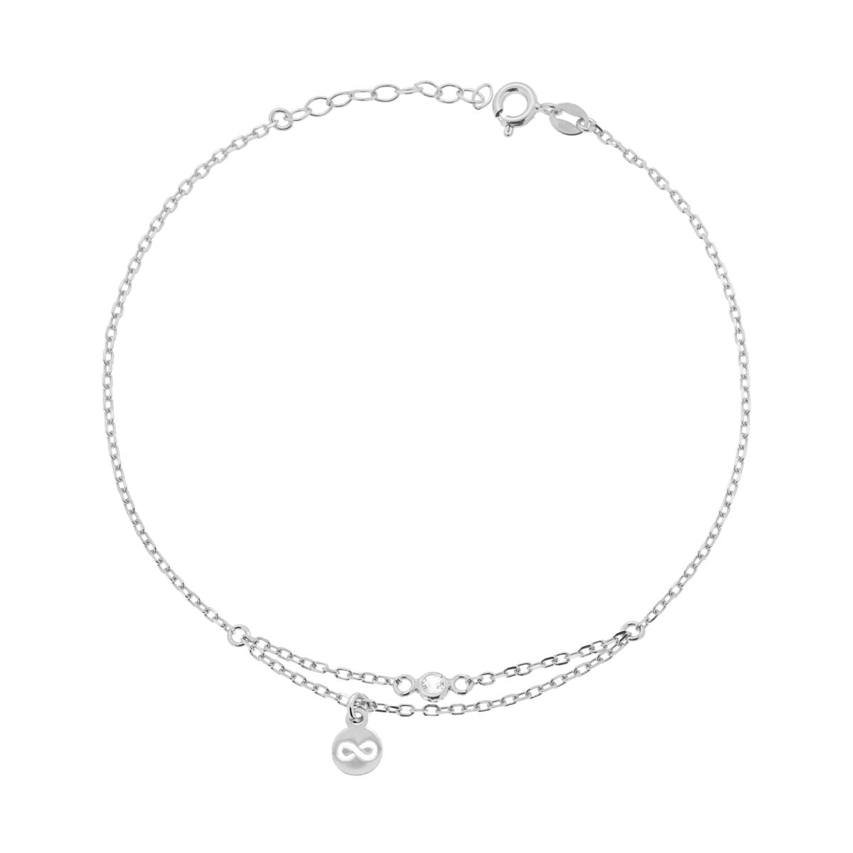 Cavigliera Catena Forzatina Diamantata con Infinito pendente e Zircone Bianco in ARGENTO 925 Galvanica Rodio