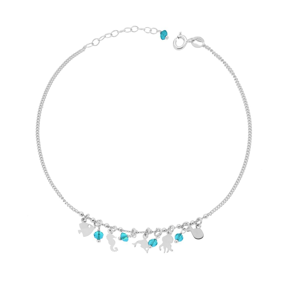 Cavigliera Catena Grumetta Diamantata con Delfino Pesce Polipo Cavalluccio Marino e Crystal Azzurri pendenti in ARGENTO 925 Galvanica Rodio