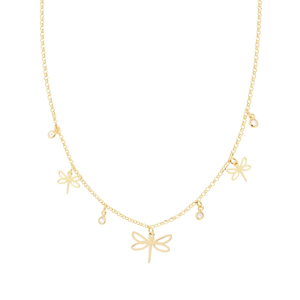 Collana Catena Rolo Diamantata con Libellule e Cubic Zirconia Bianchi pendenti in ARGENTO 925 Galvanica Oro