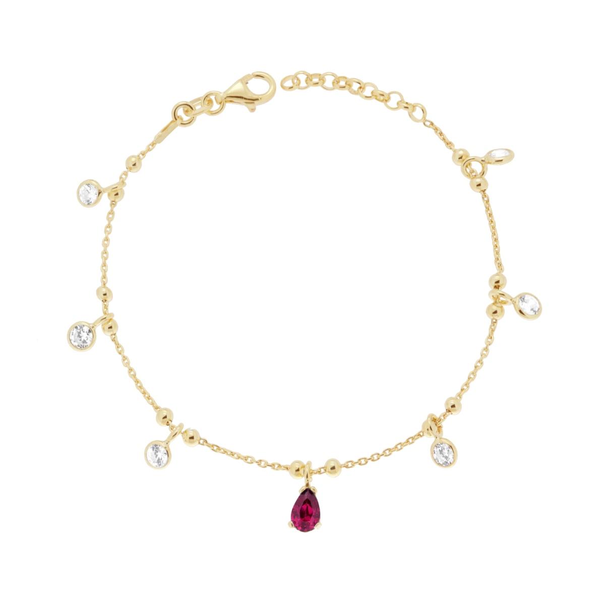 Bracciale Catena Forzatina Diamantata con Cubic Zirconia Bianchi e Goccia Rosso Rubino pendenti in ARGENTO 925 Galvanica Oro
