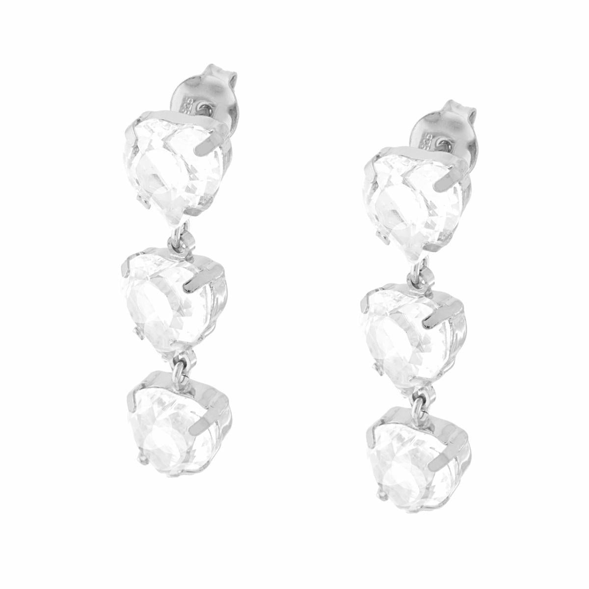 Orecchini Cuori con Cubic Zirconia Bianchi pendenti in ARGENTO 925 Galvanica Rodio