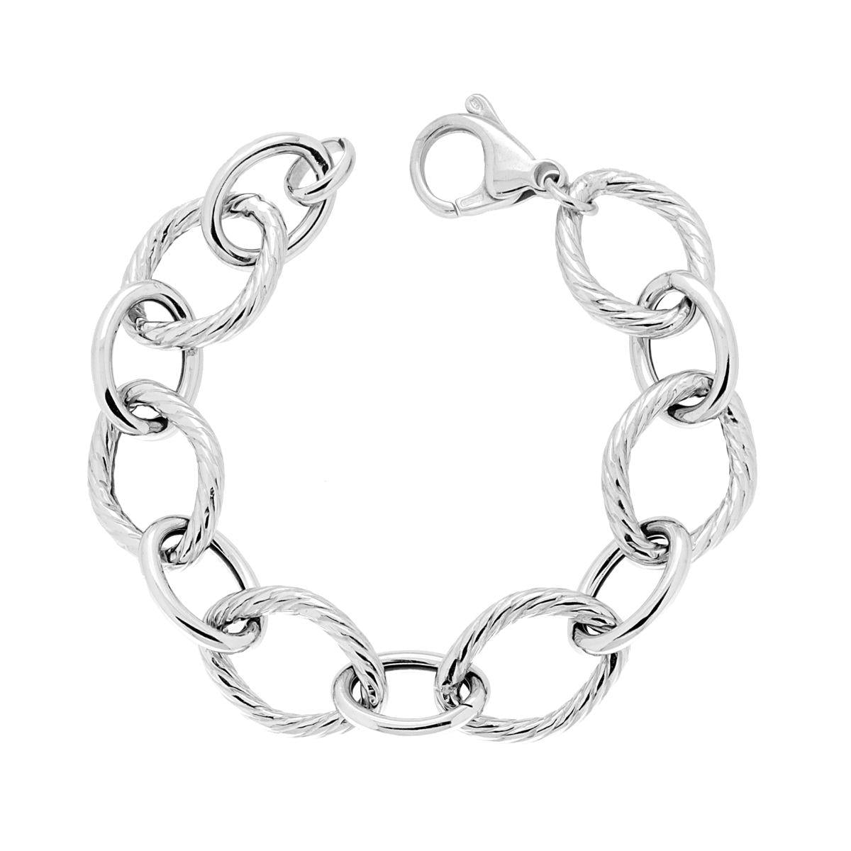 Bracciale Catena Forzatina alternata Liscia e Torchon in ARGENTO 925 Galvanica Rodio