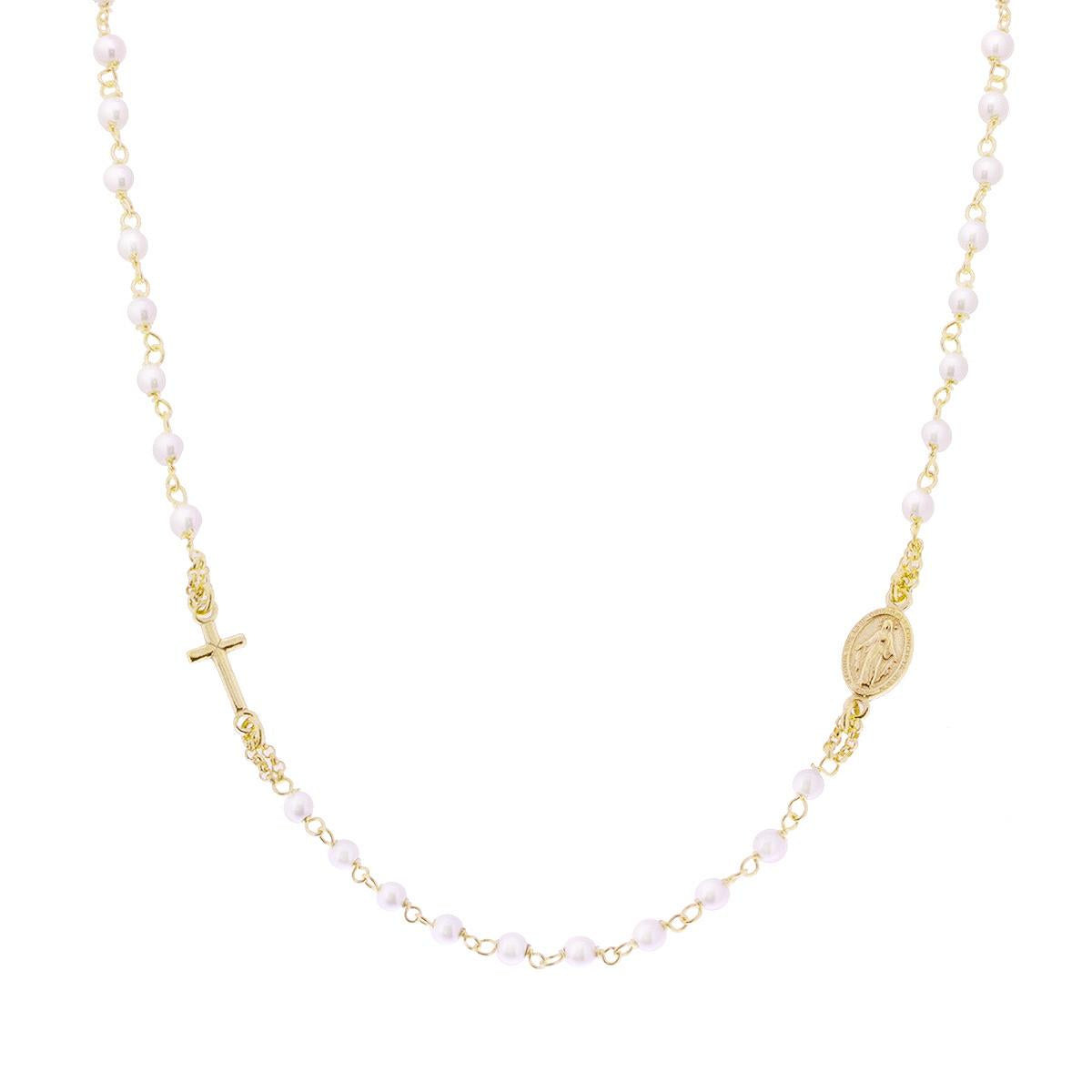 Collana Rosario cm 50 con Grani Perla mm 3 con Croce in ARGENTO 925 Galvanica Oro