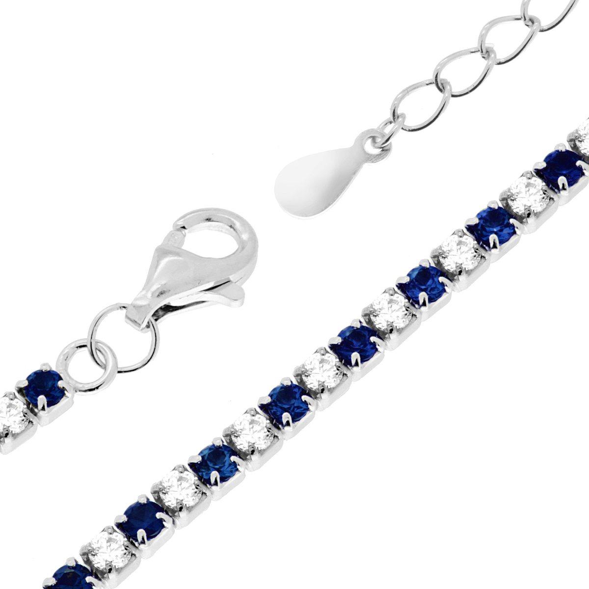 Bracciale Tennis cm 17+3 con Zirconi mm 2 Bianchi e Blu Zaffiro alternati in ARGENTO 925 Galvanica Rodio