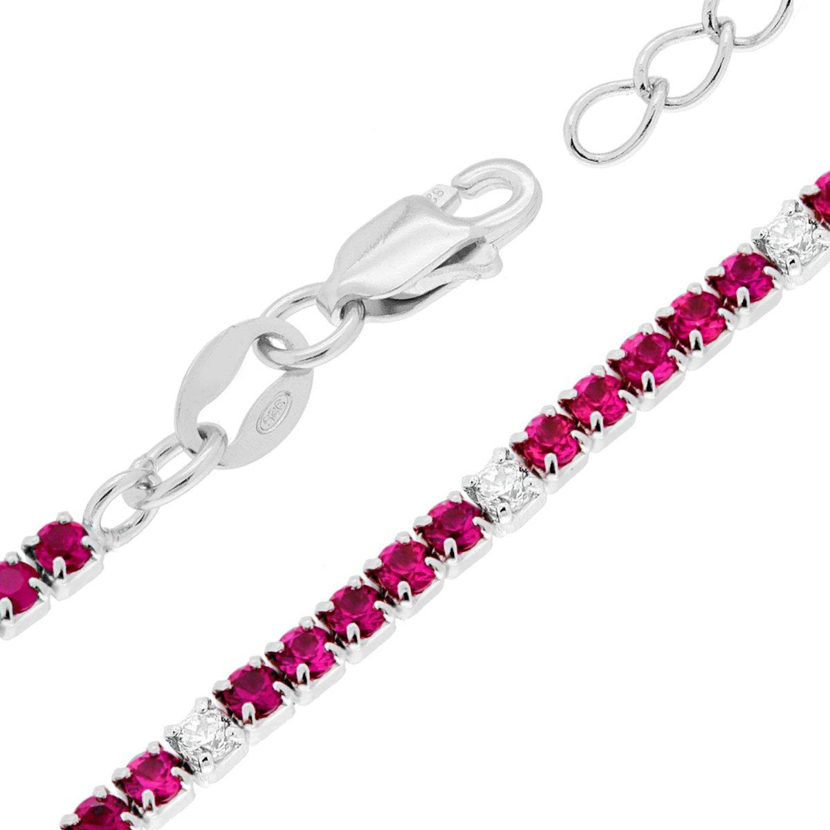 Bracciale Tennis Griffe cm 16+3 con Zirconi mm 1.7 alternati Bianchi e Rosso Rubino in ARGENTO 925 Galvanica Rodio