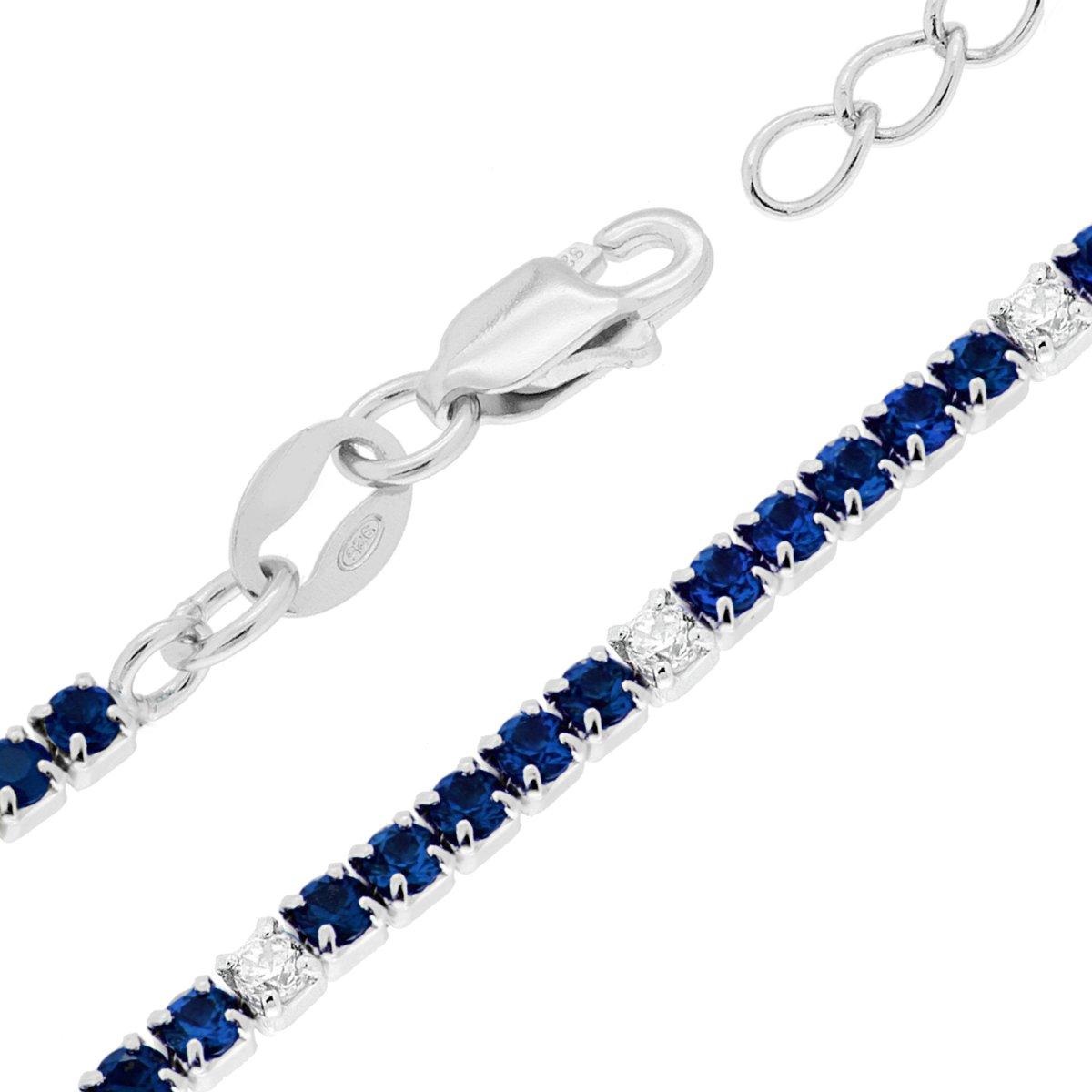 Bracciale Tennis Griffe cm 16+3 con Zirconi mm 1.7 alternati Bianchi e Blu Zaffiro in ARGENTO 925 Galvanica Rodio