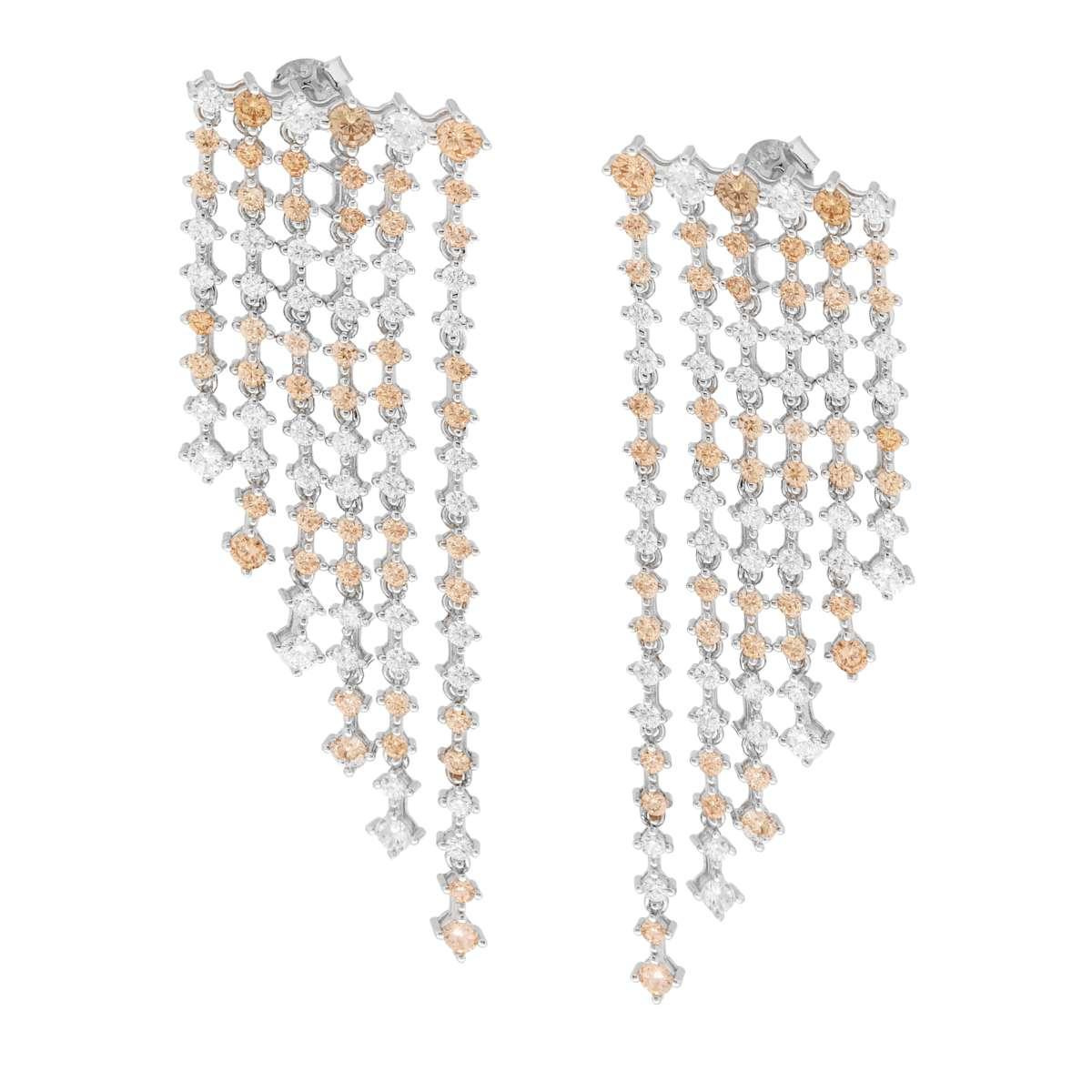 Orecchini Chandelier sei fili degrade Tennis con Cubic Zirconia Champagne e Bianchi alternati in ARGENTO 925 Galvanica Rodio