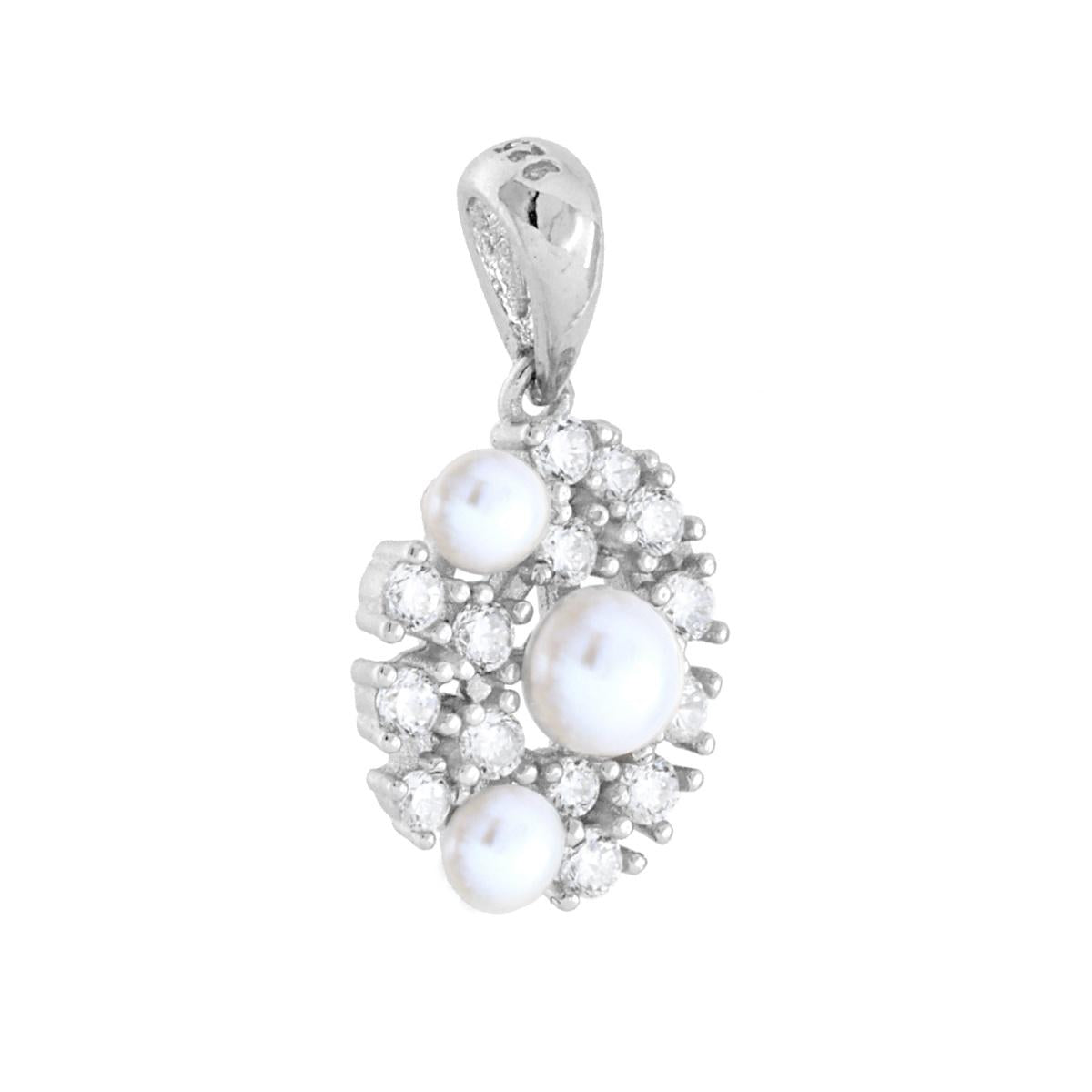 Ciondolo Ovale con Perle di Fiume e Cubic Zirconia Bianchi in ARGENTO 925 Galvanica Rodio