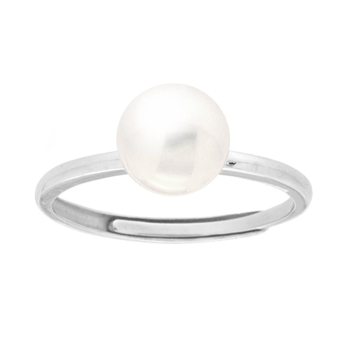 Anello Solitario con Perla mm 8 Vetro Perlato in ARGENTO 925 Galvanica Rodio