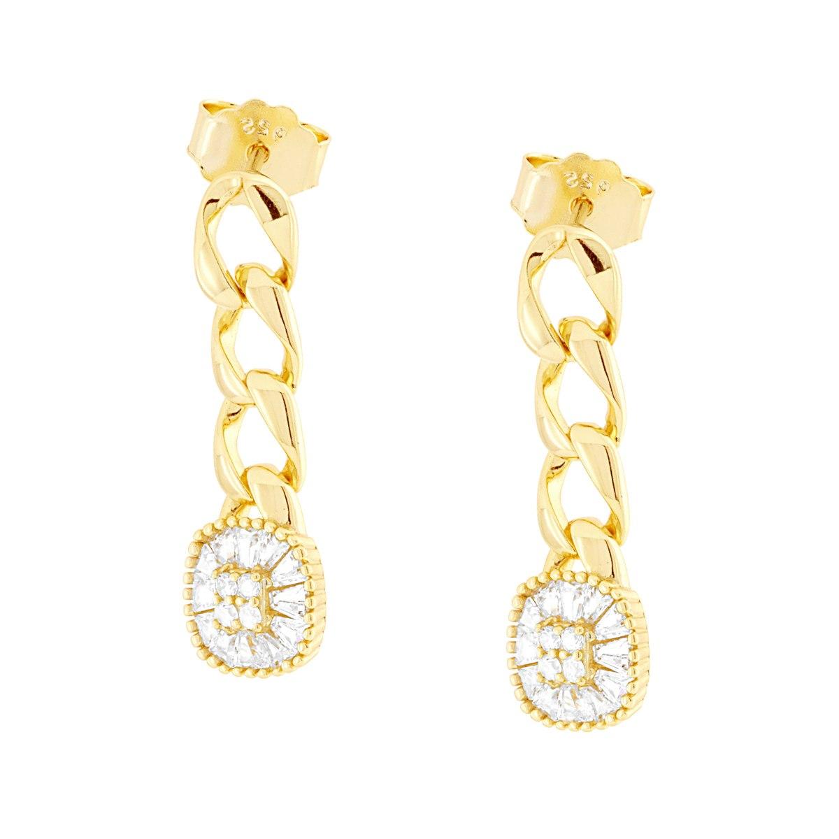 Orecchini pendenti con Catena Grumetta e Cubic Zirconia Bianchi in ARGENTO 925 Galvanica Oro
