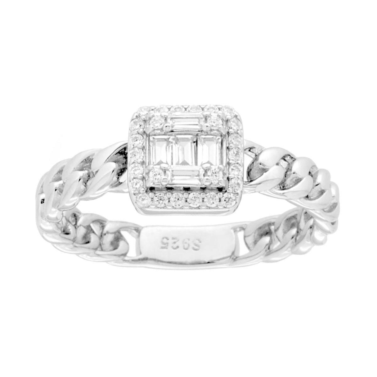 Anello Solitario con Catena Grumetta con Cubic Zirconia Bianchi in ARGENTO 925 Galvanica Rodio