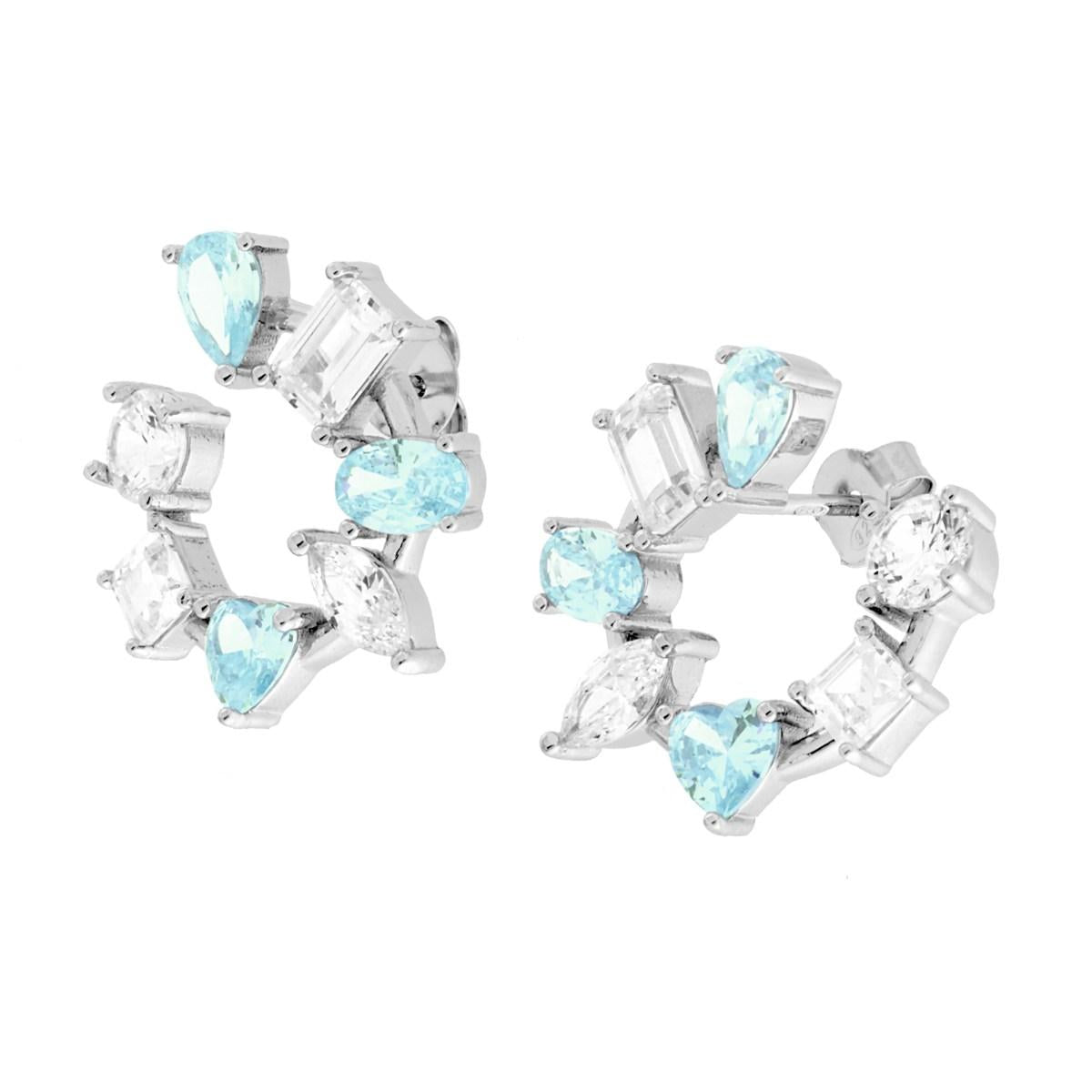 Orecchini Ghirlanda con Cubic Zirconia Multitaglio Acquamarina e Bianco in ARGENTO 925 Galvanica Rodio