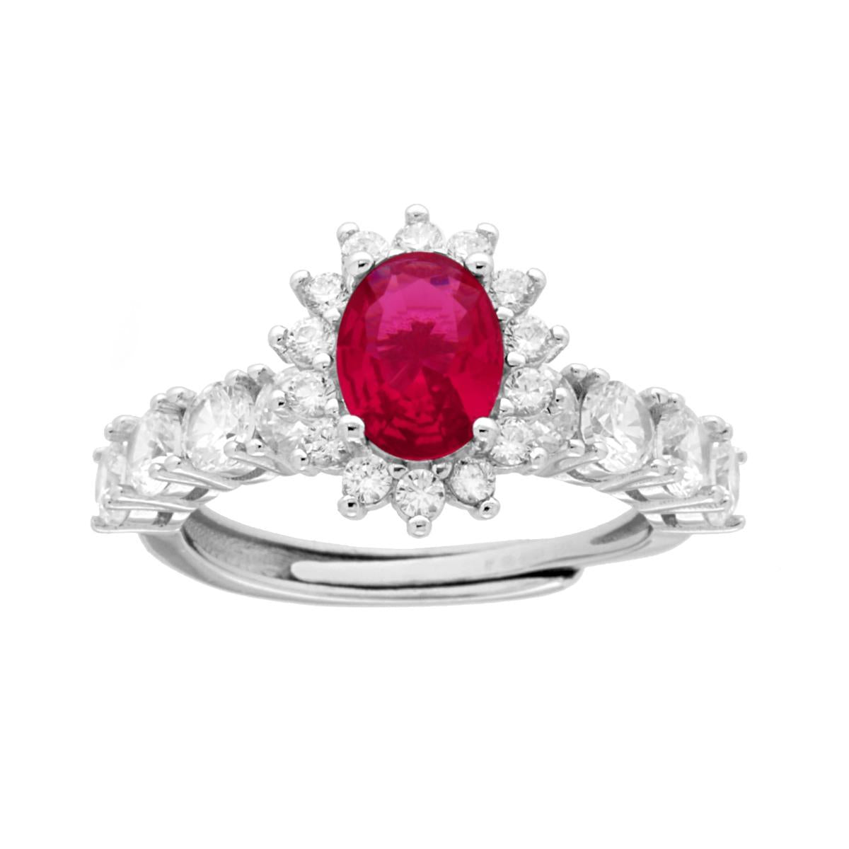 Anello Halo Veretta Ovale Rosso Rubino contornato con Cubic Zirconia Bianchi in ARGENTO 925 Galvanica Rodio