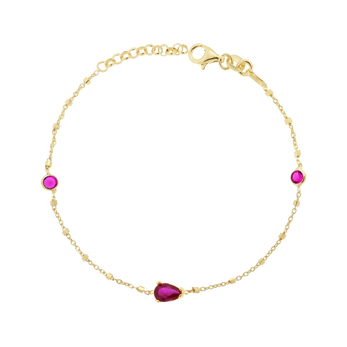 Bracciale Catena Forzatina e Cubetti Diamantati con Cubic Zirconia Tondi e Goccia Rosso Rubino in ARGENTO 925 Galvanica Oro