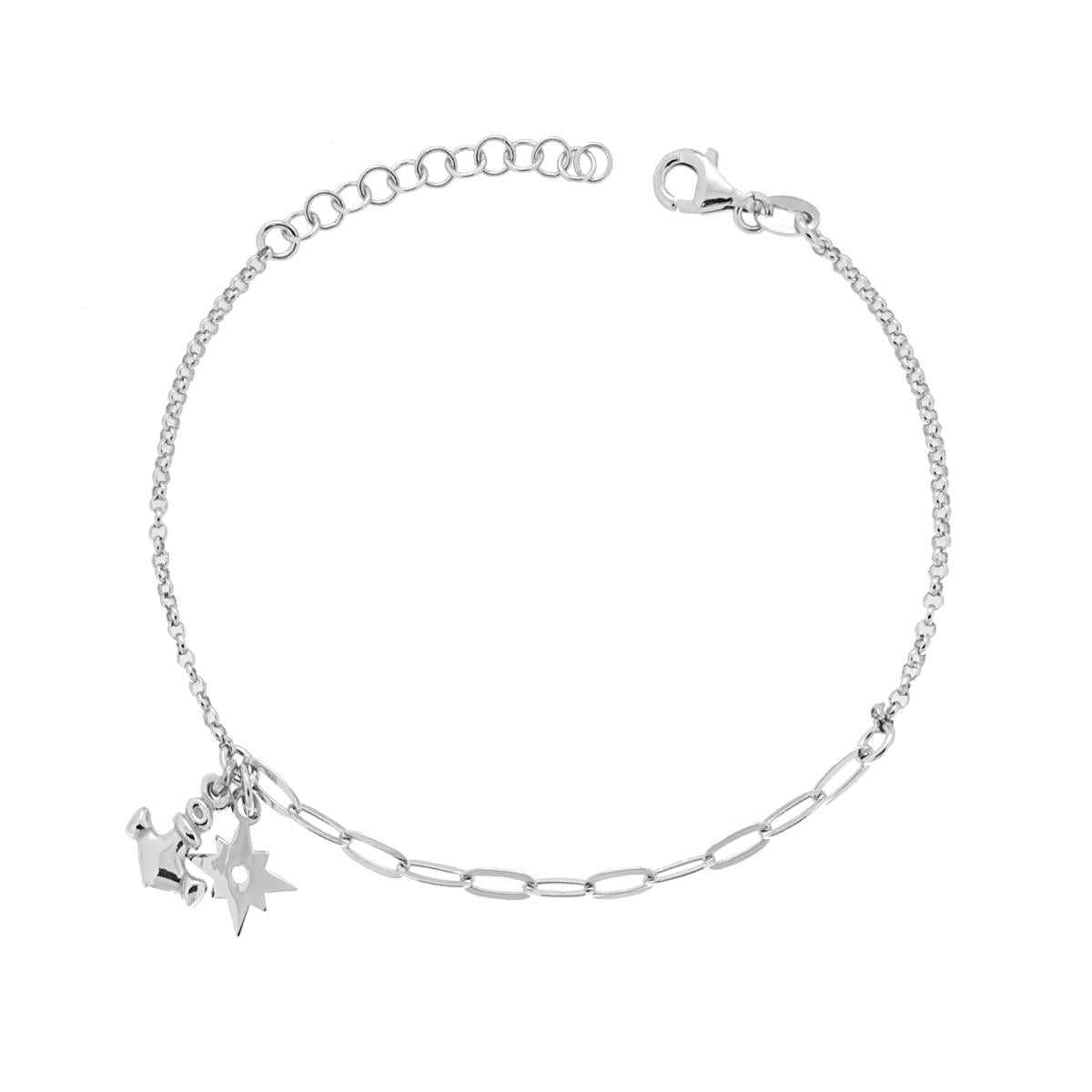 Bracciale Catena Rolo Diamantata e Forzatina allungata con Ancora e Rosa dei Venti pendenti in ARGENTO 925 Galvanica Rodio