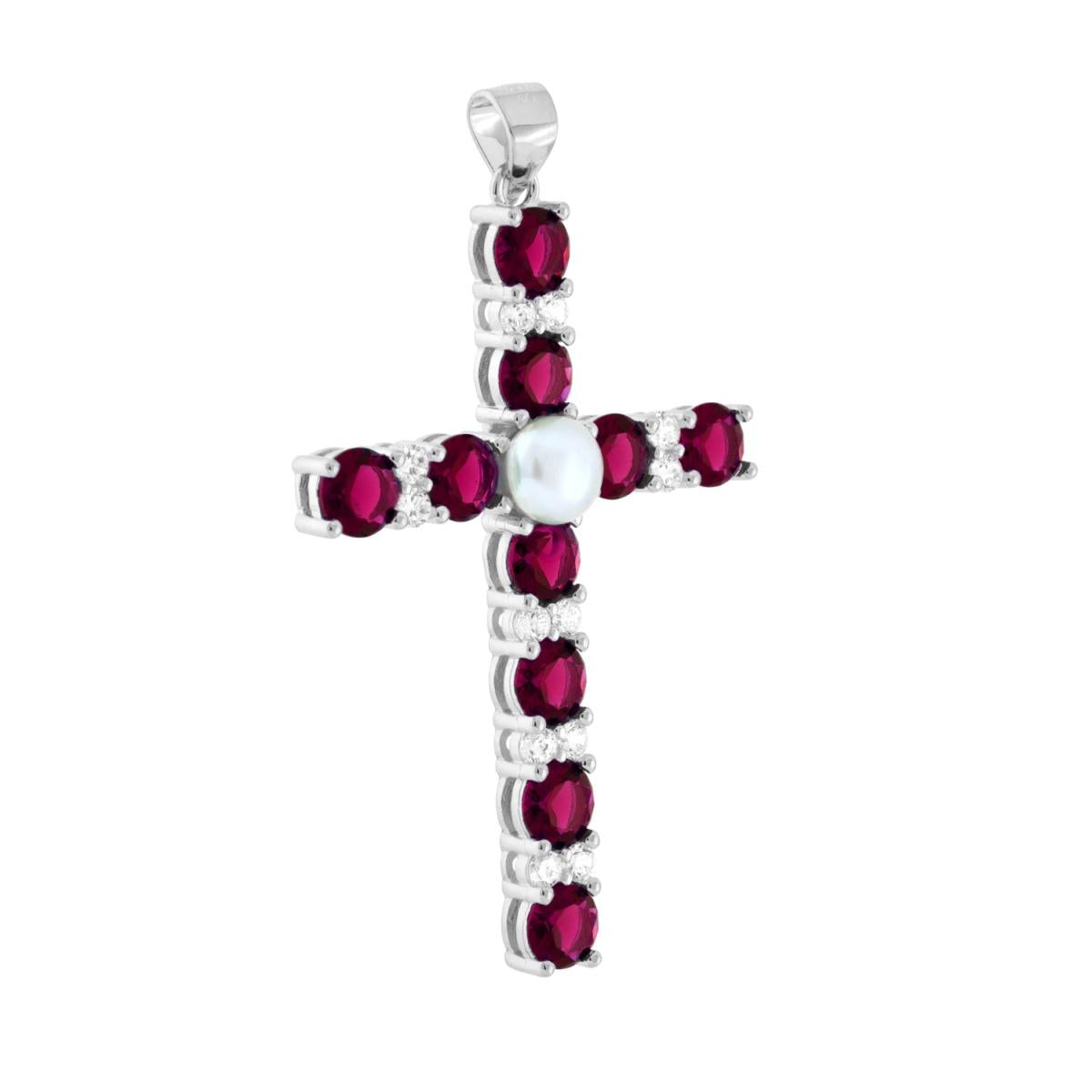 Ciondolo Croce con Cubic Zirconia Rosso Rubino Bianchi e Perla in ARGENTO 925 Galvanica Rodio