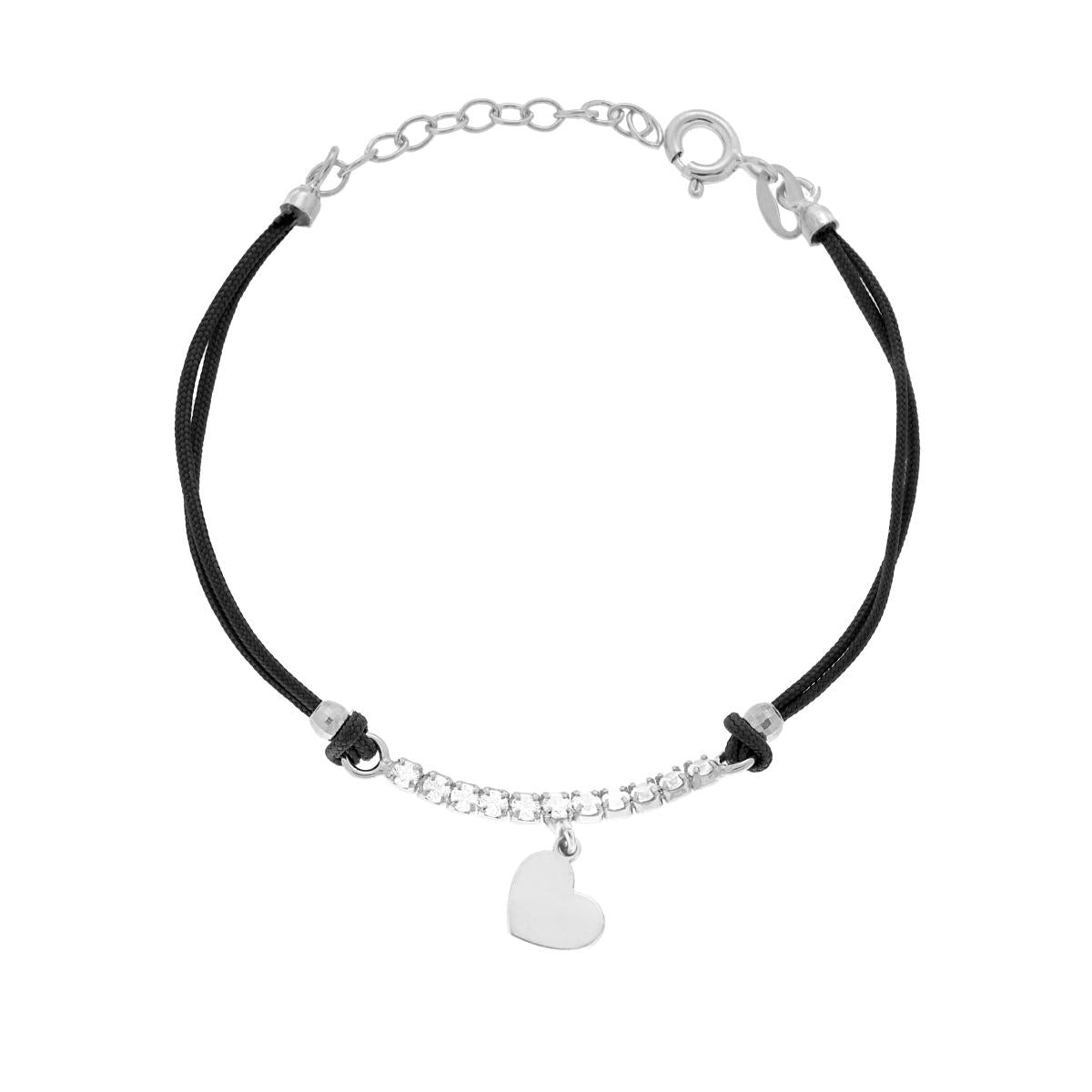Bracciale Cordoncino Cotone Nero con centrale Tennis Cubic Zironia Bianchi e Cuore pendente in ARGENTO 925 Galvanica Rodio