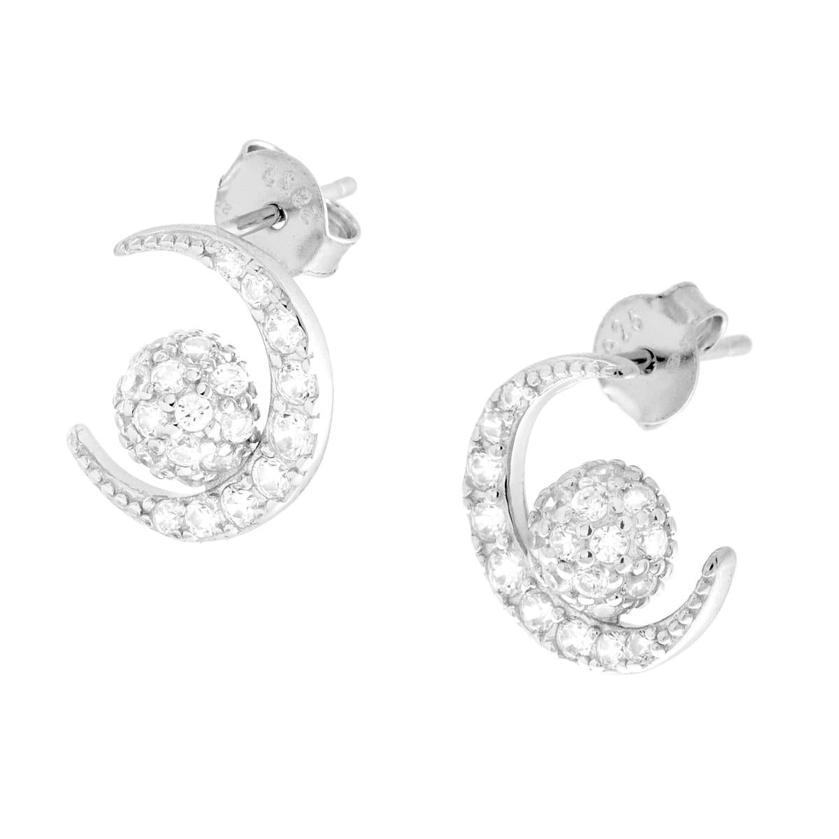 Orecchini Luna e Sfera con Cubic Zirconia Bianchi in ARGENTO 925 Galvanica Rodio