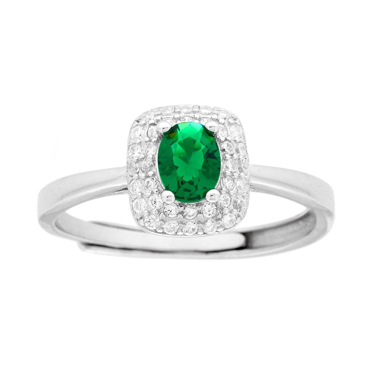 Anello Solitario Rettangolare Cubic Zirconia Ovale Verde Smeraldo contornato da Cubic Zirconia Bianchi in ARGENTO 925 Galvanica Rodio