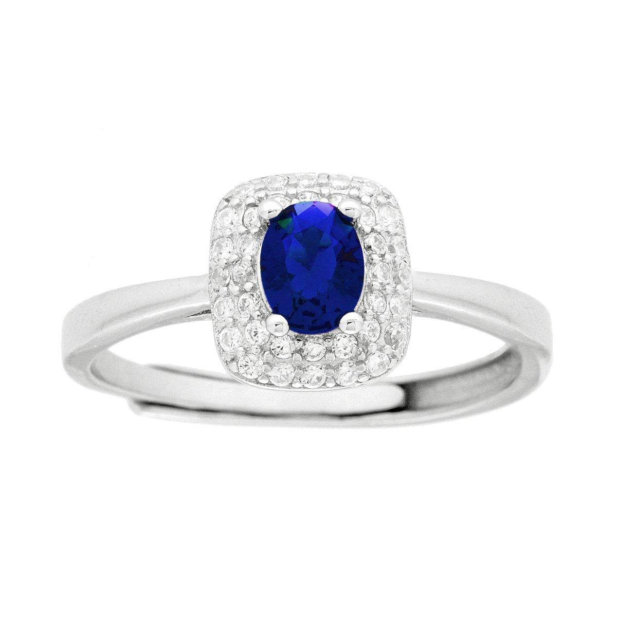 Anello Solitario Rettangolare Cubic Zirconia Ovale Blu Zaffiro contornato da Cubic Zirconia Bianchi in ARGENTO 925 Galvanica Rodio