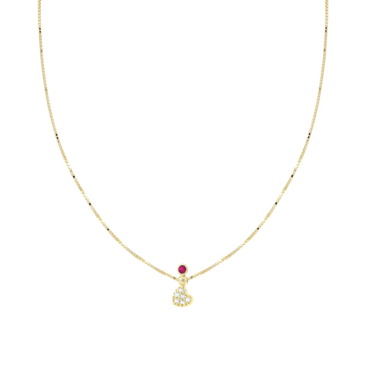 Collana Catena Veneziana Diamantata con Cuore Cubic Zirconia Bianchi e Punto Luce Rosso Rubino in ARGENTO 925 Galvanica Oro