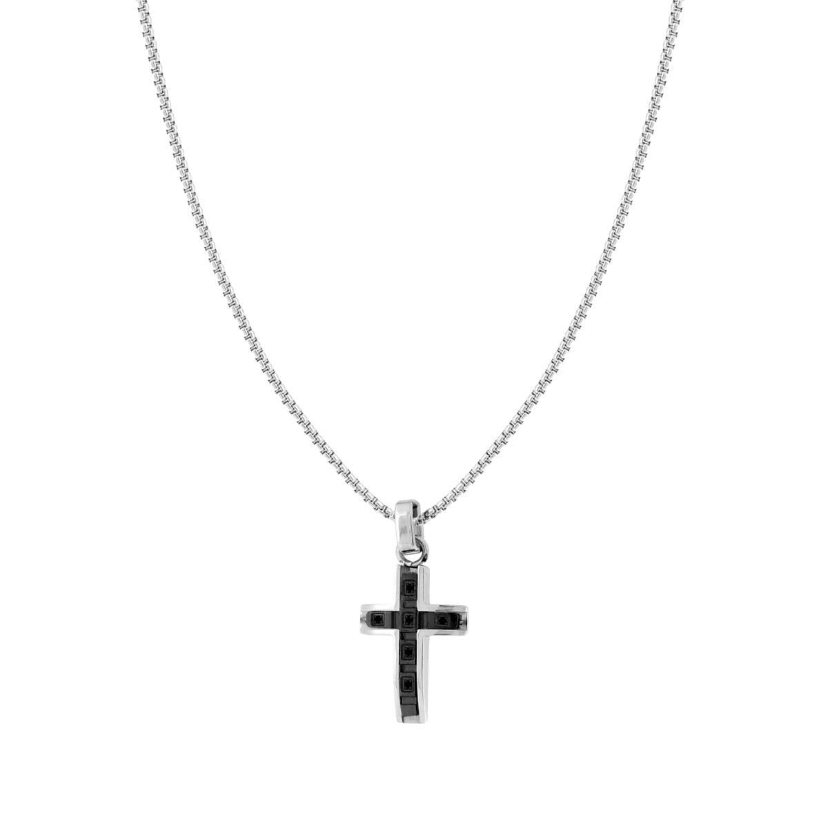 Collana Catena Veneziana Tonda con Croce e Crystal Neri in ACCIAIO